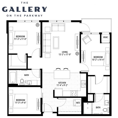 Floor plan for 2 beds, 2 baths, 1211 sqft